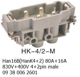 HK-4+2-M H16B Han 16B(HanK4+2) 80A+16A 830V+400V 09 38 006 2601 4+2pin male OUKERUI-SMICO-Harting-Heavy-duty-connector.jpg